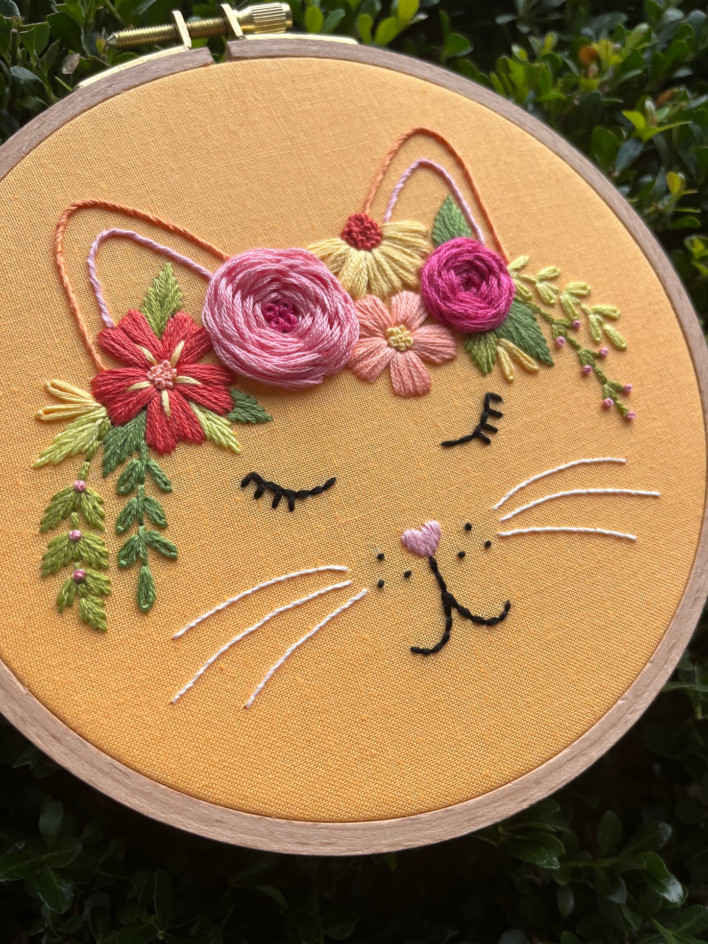6” Floral Feline Embroidery Hoop Art
