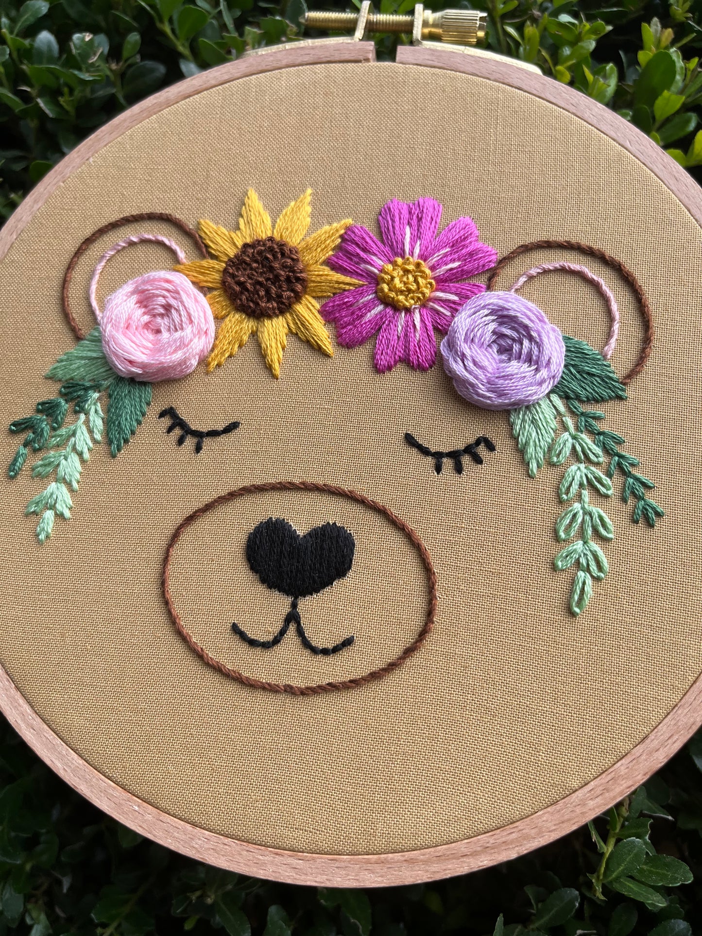 6” Blossoming Bear Embroidery Hoop Art