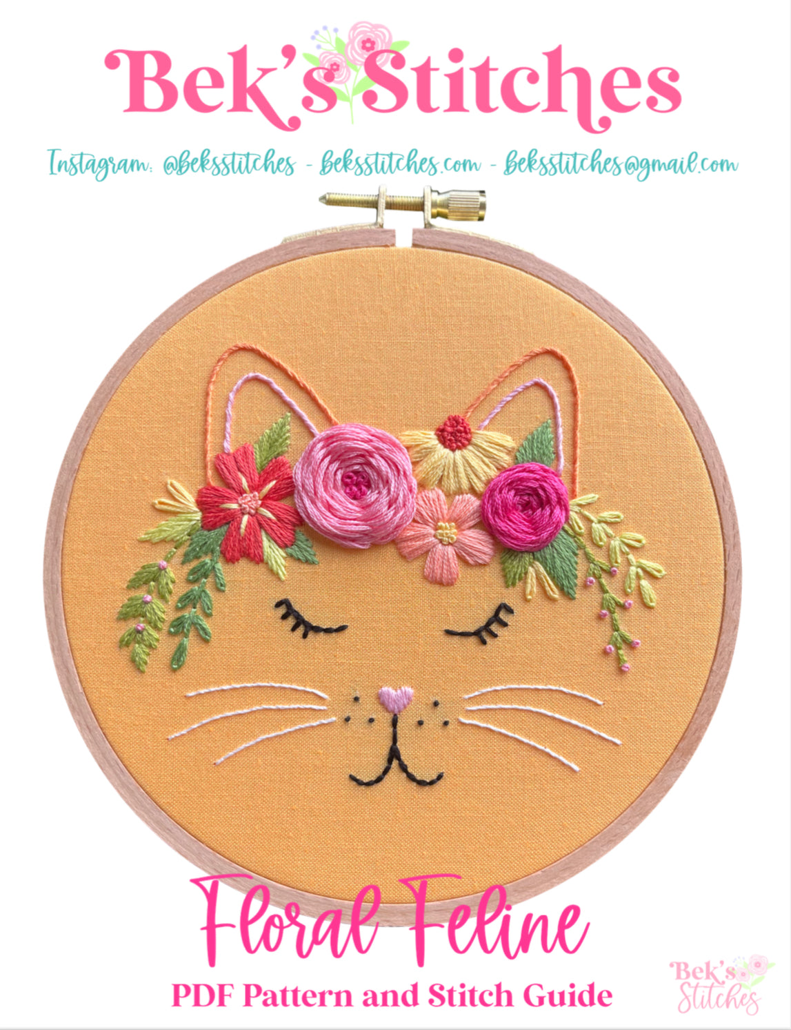 PDF Pattern - Floral Feline, Flower Crown Cat/Kitten, Beginner/Intermediate Floral Hand Embroidery Pattern