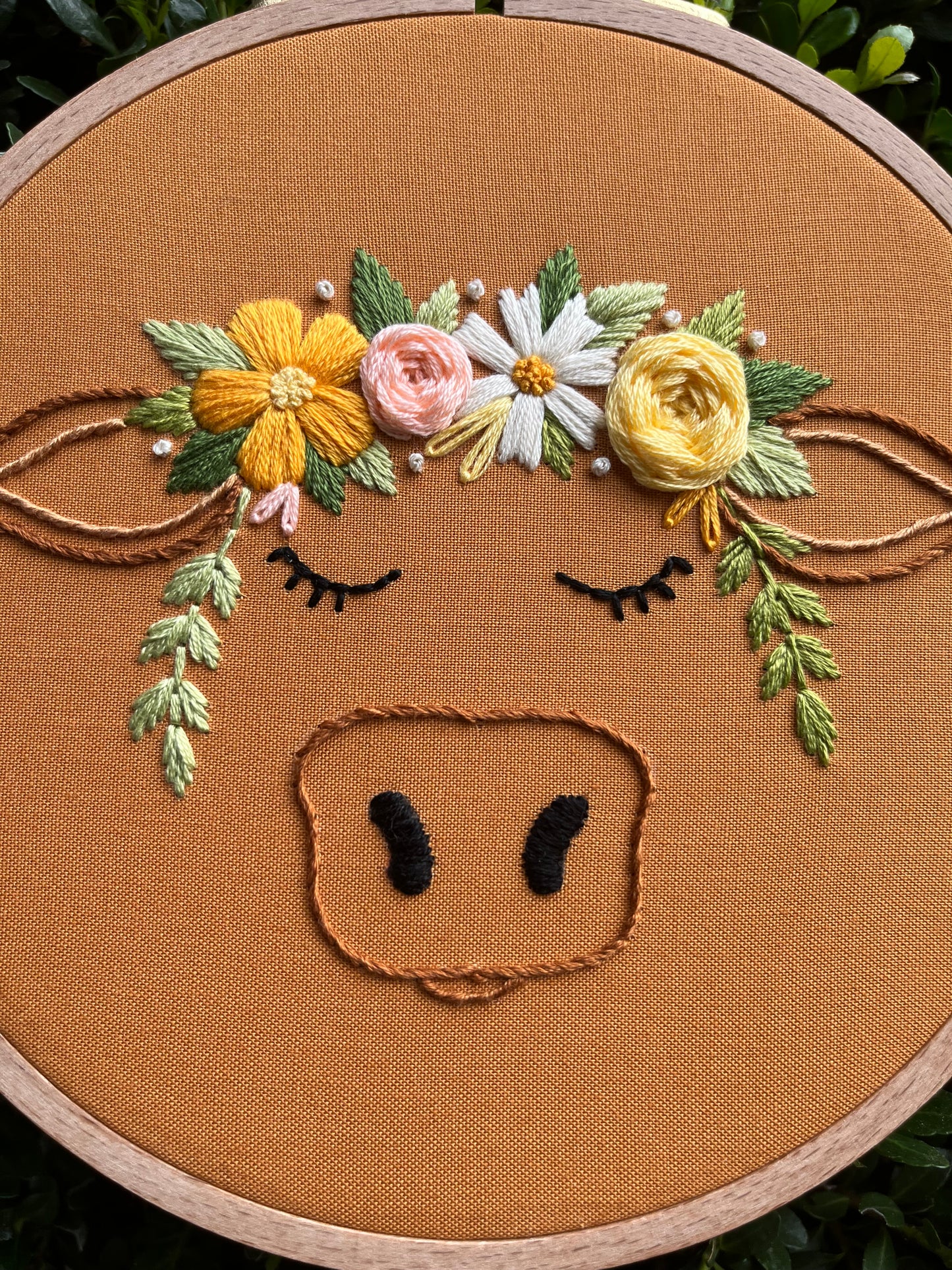 6” Blooming Bovine Embroidery Hoop Art