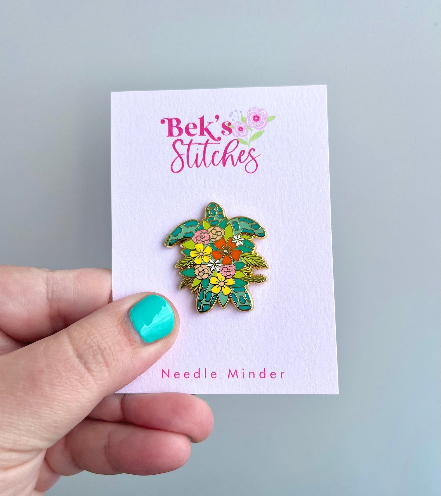 Floral Sea Turtle Enamel Needle Minder - Embroidery Accesory/Needle Magnet