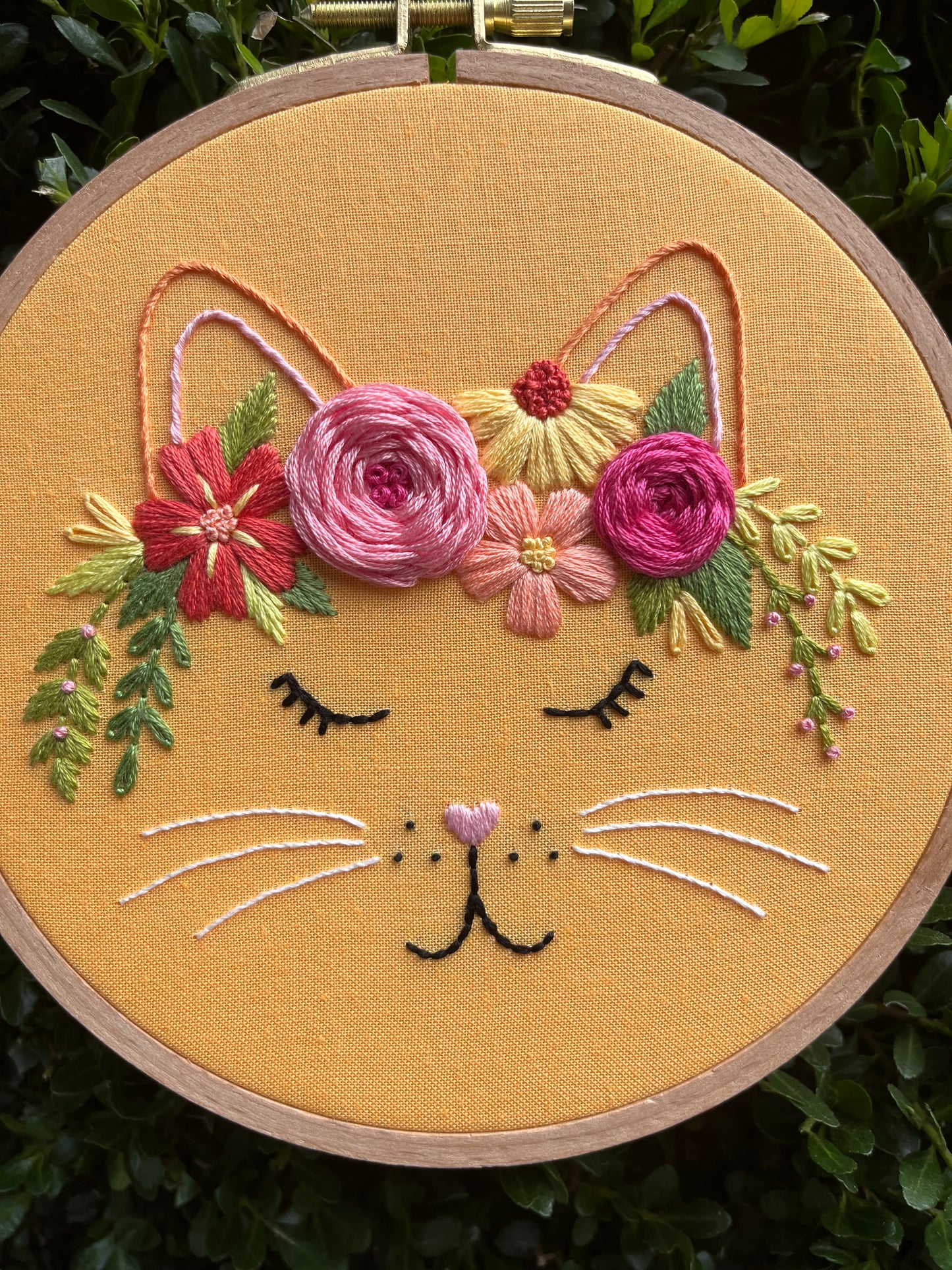 6” Floral Feline Embroidery Hoop Art