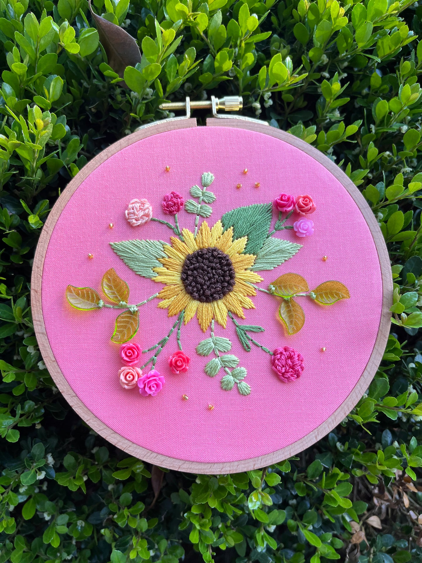 6" Sunflower Embroidery Hoop Art with Beaded Details
