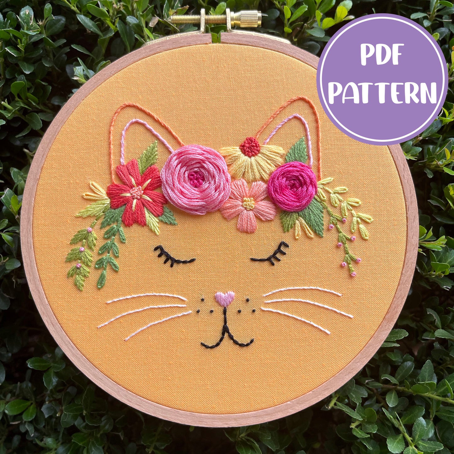 PDF Pattern - Floral Feline, Flower Crown Cat/Kitten, Beginner/Intermediate Floral Hand Embroidery Pattern