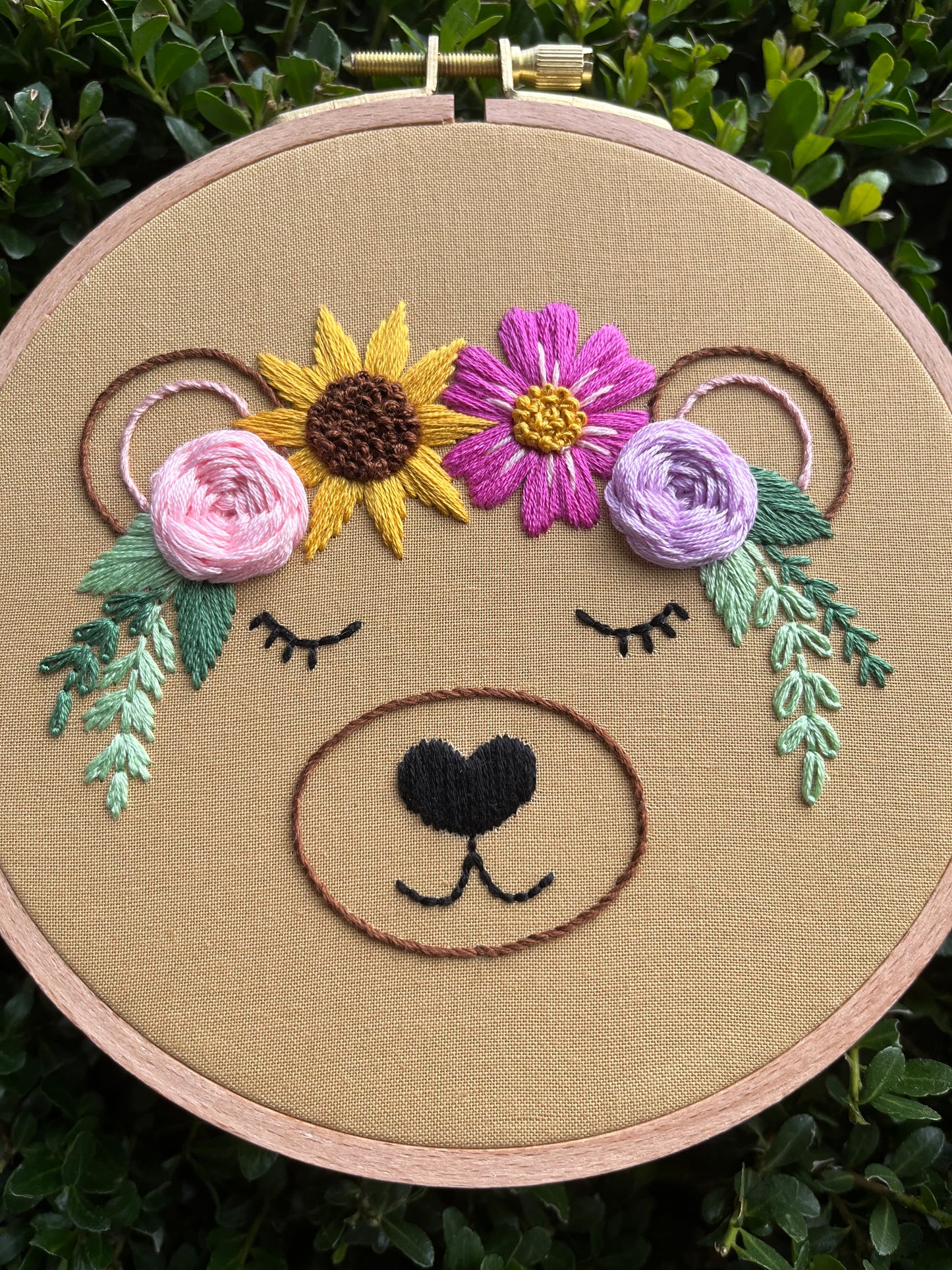 6” Blossoming Bear Embroidery Hoop Art