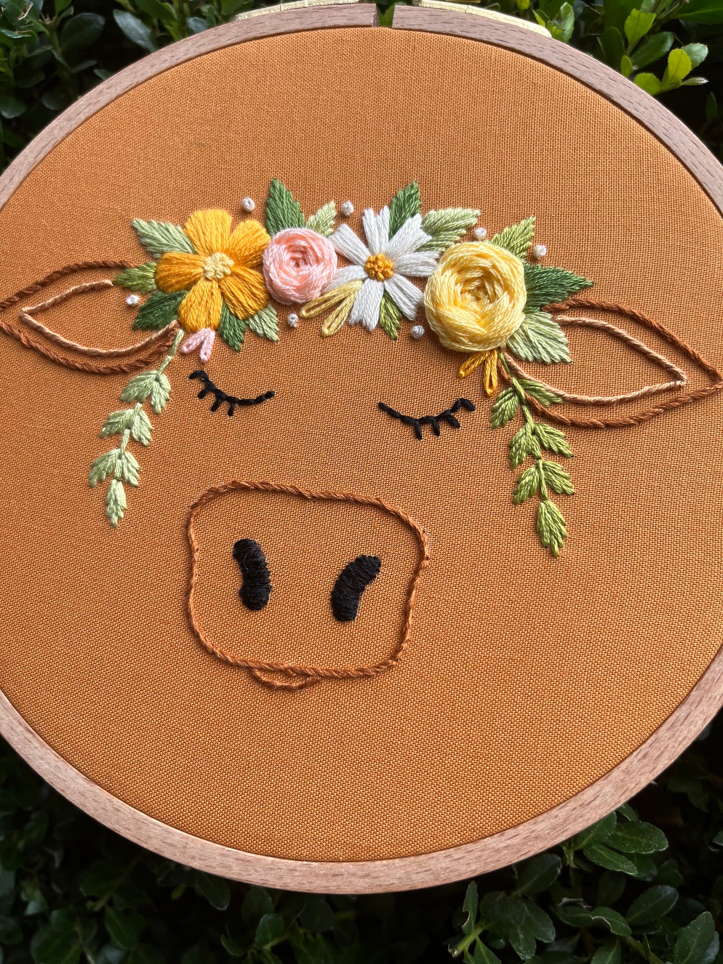 6” Blooming Bovine Embroidery Hoop Art