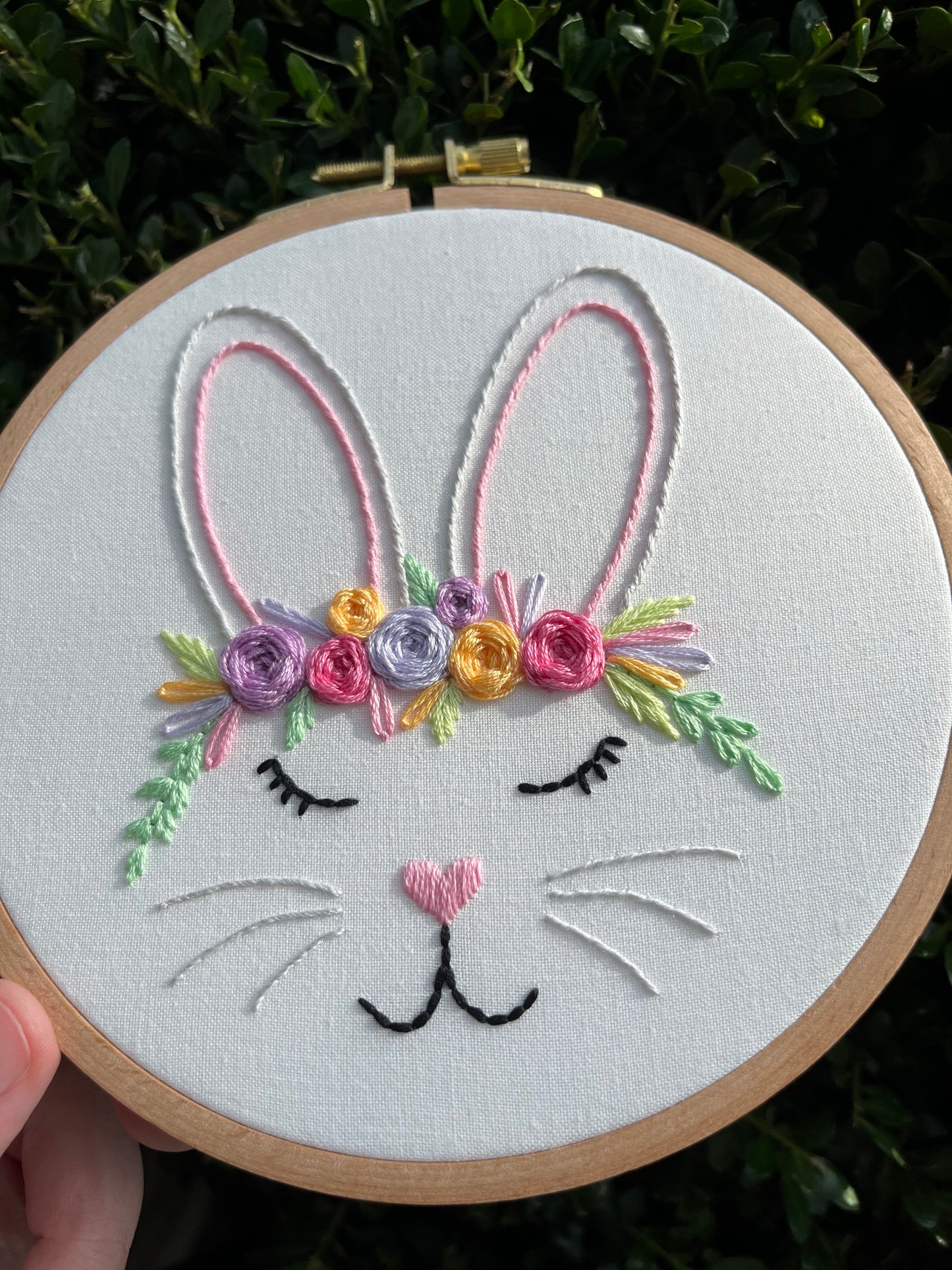 PDF Pattern - Rosy Rabbit, Flower Crown Bunny, Beginner/Intermediate Floral Hand Embroidery Pattern