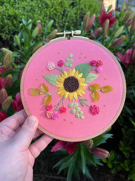 6" Sunflower Embroidery Hoop Art with Beaded Details