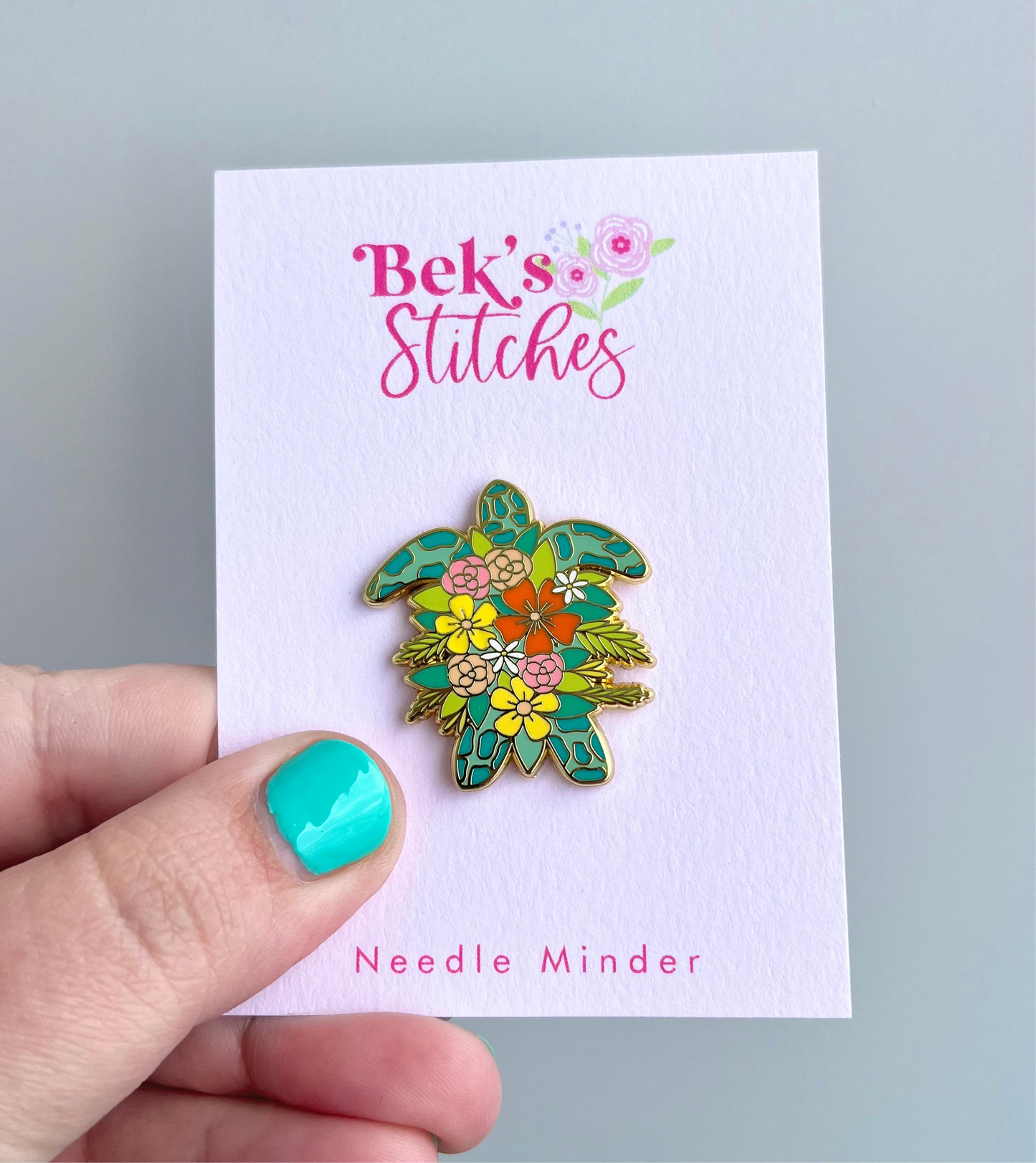 Floral Sea Turtle Enamel Needle Minder - Embroidery Accesory/Needle Magnet