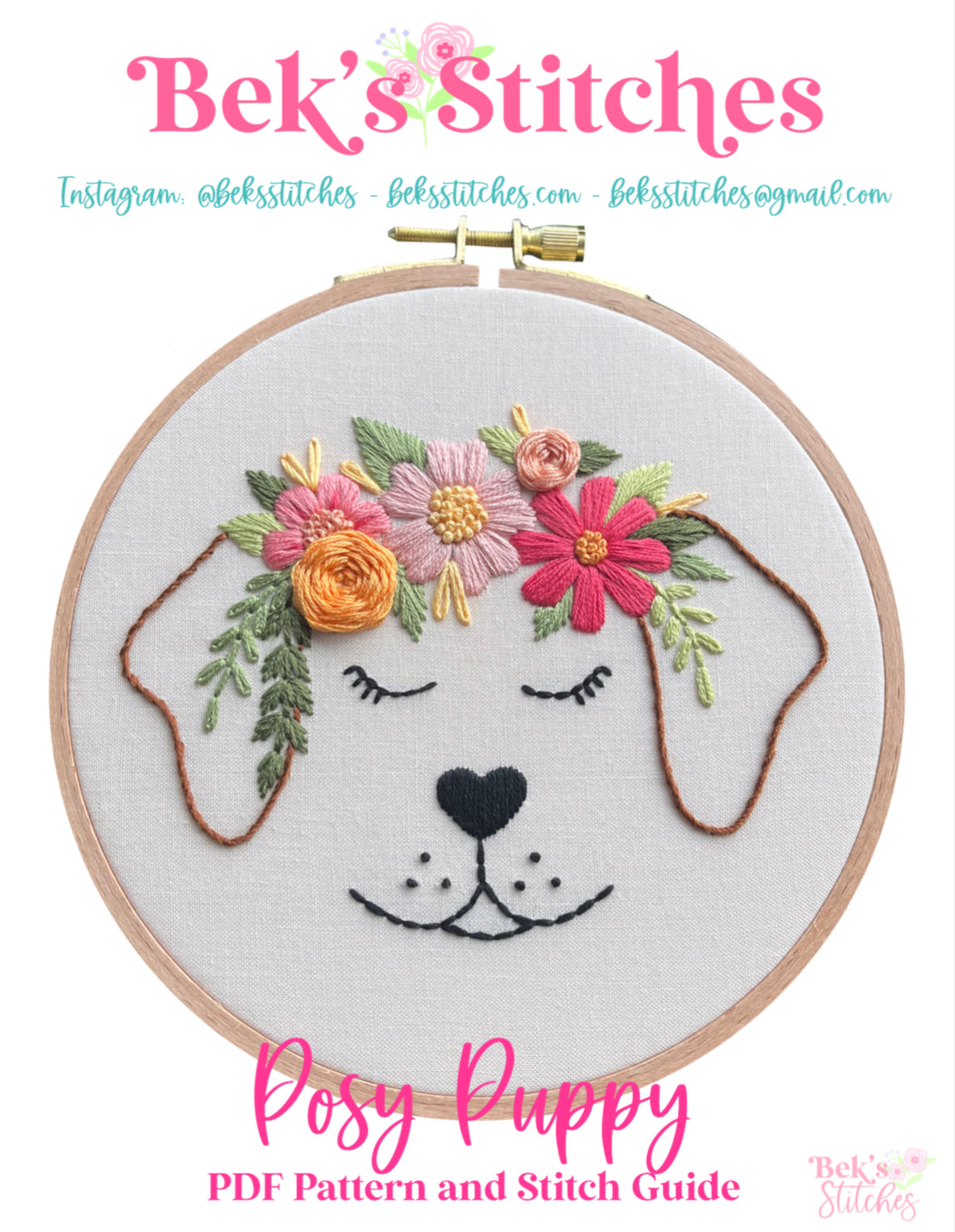 PDF Pattern - Posy Puppy, Flower Crown Dog, Beginner/Intermediate Floral Hand Embroidery Pattern
