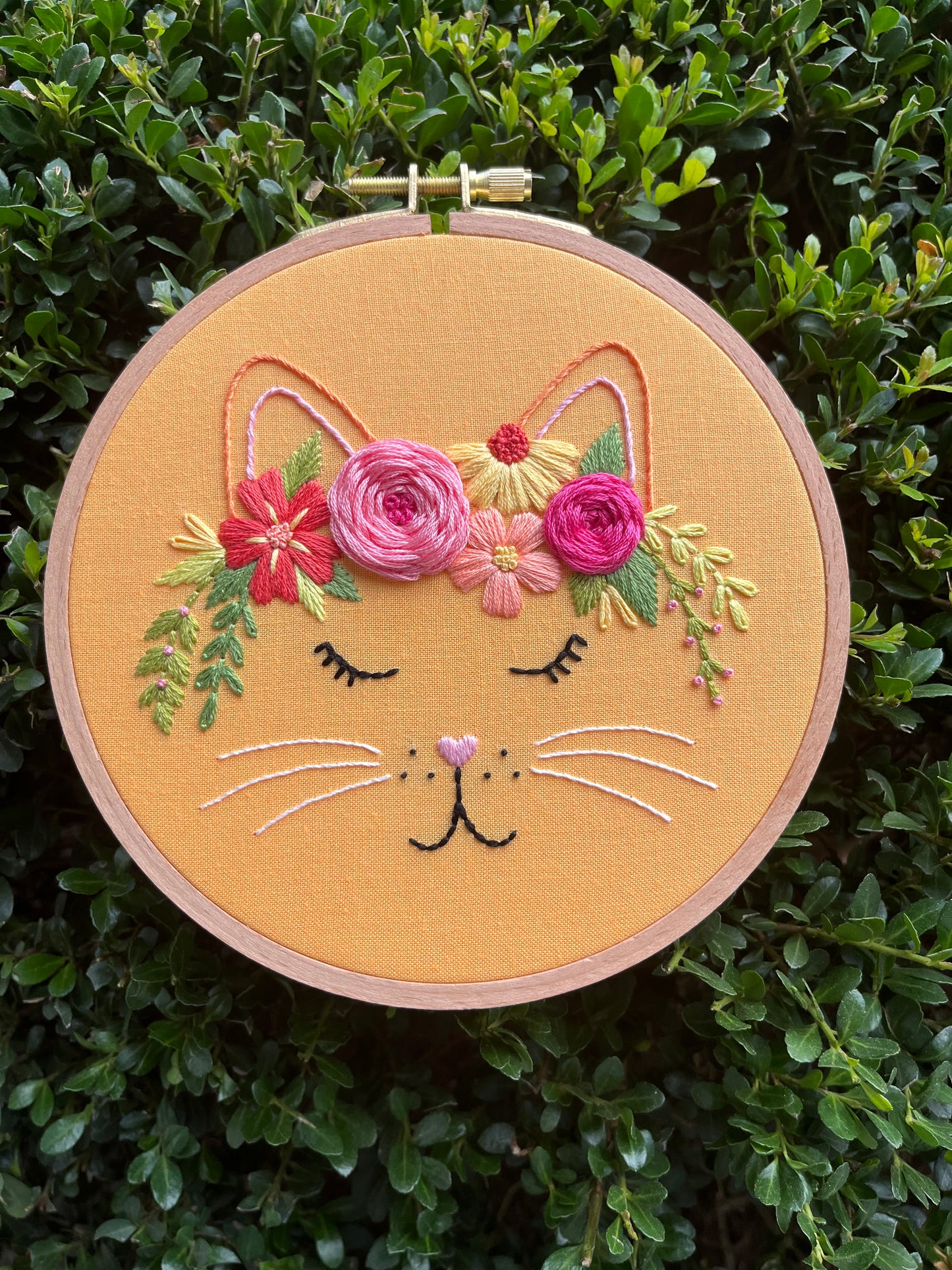 6” Floral Feline Embroidery Hoop Art