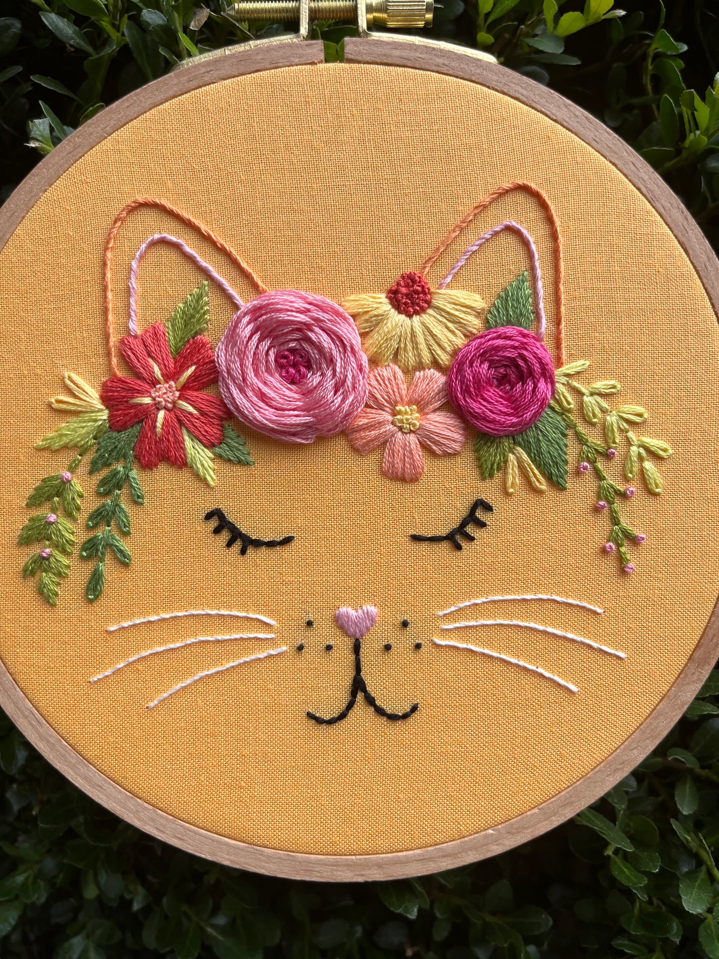 PDF Pattern - Floral Feline, Flower Crown Cat/Kitten, Beginner/Intermediate Floral Hand Embroidery Pattern