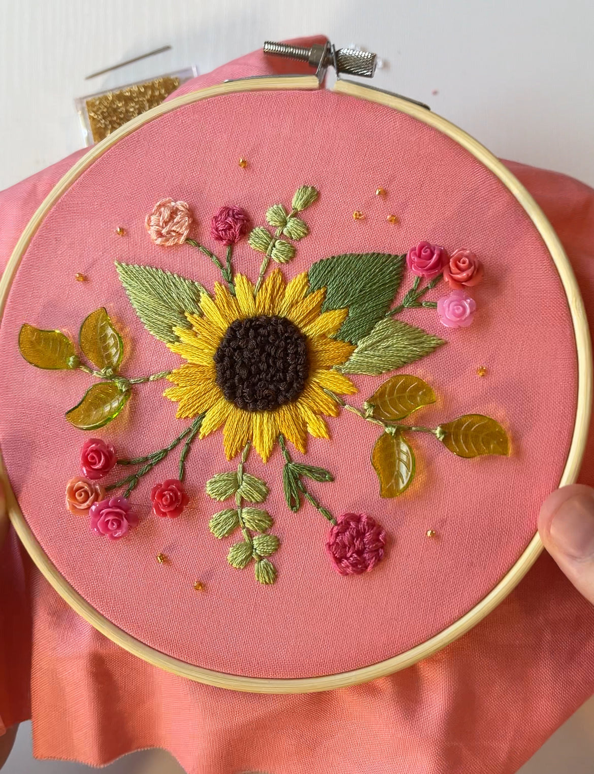 6" Sunflower Embroidery Hoop Art with Beaded Details
