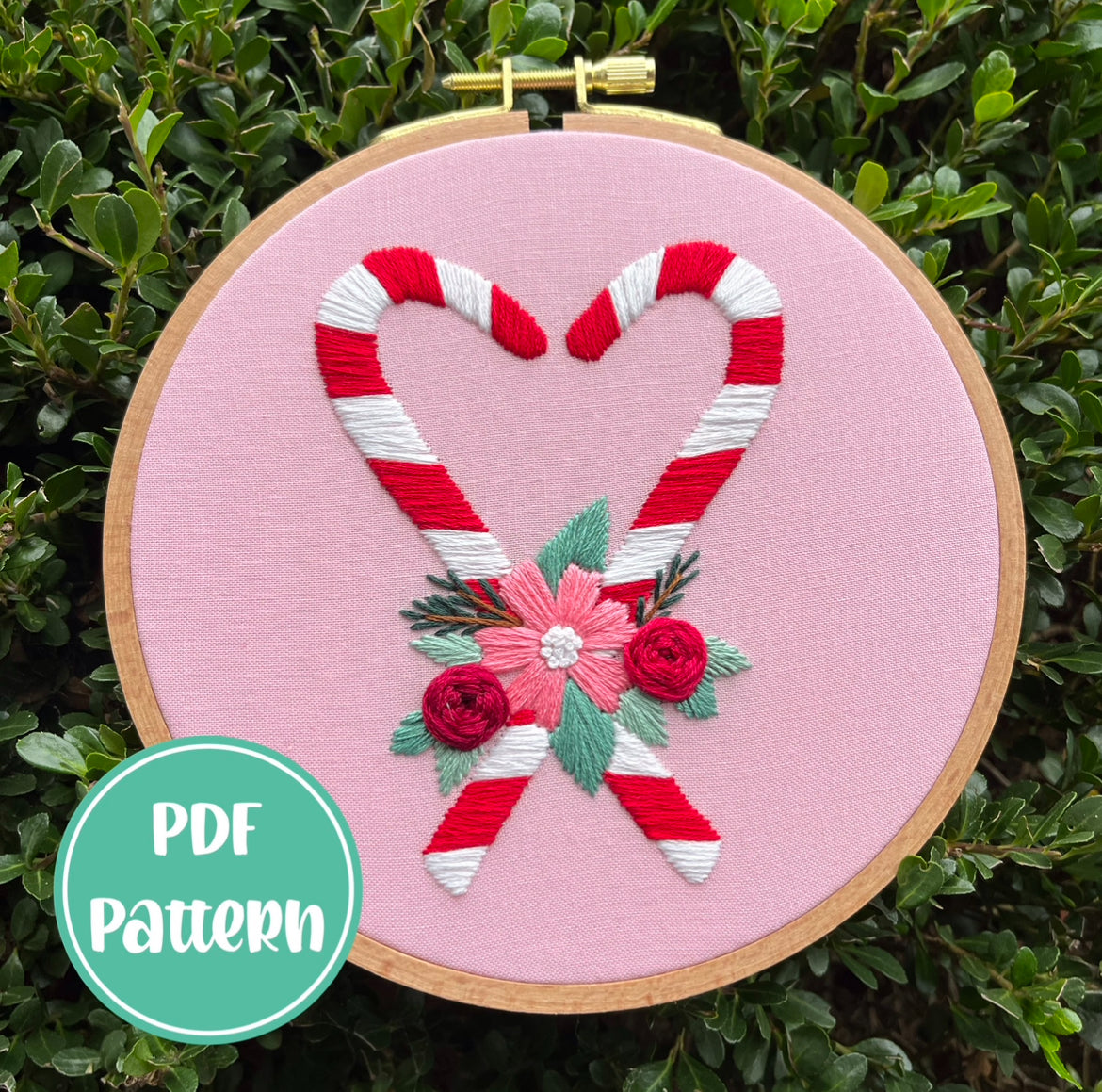 PDF Pattern - Peppermint Petals, Beginner/Intermediate Floral Christmas Candy Cane Hand Embroidery Pattern