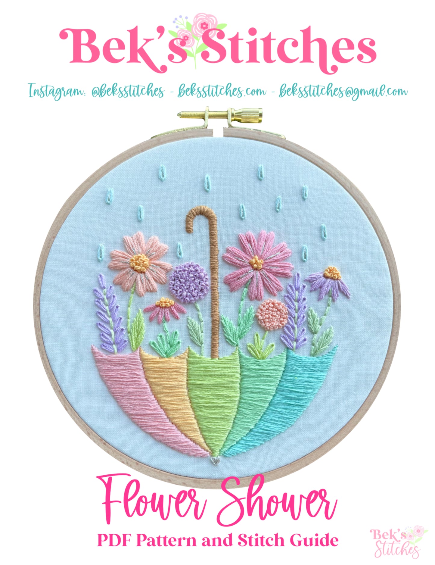 PDF Pattern - Flower Shower, Pastel Spring Umbrella Embroidery Pattern