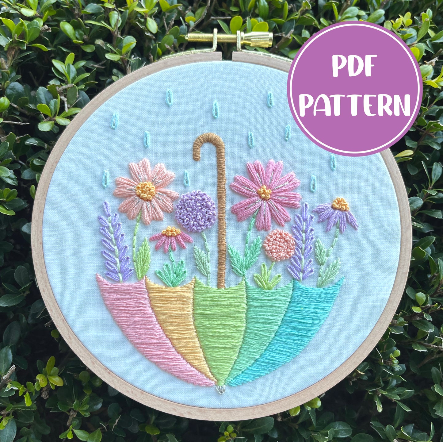 PDF Pattern - Flower Shower, Pastel Spring Umbrella Embroidery Pattern