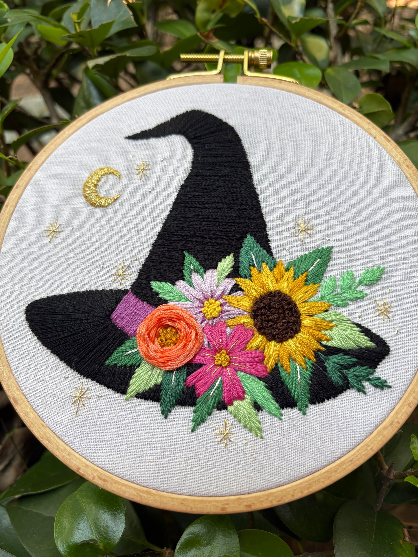 PDF Pattern - Witch's Bloom, Floral Witch Hat, Halloween Embroidery Pattern