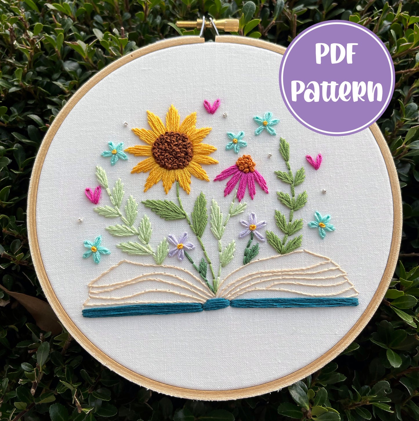 PDF Pattern - Bookish Blossoms, Beginner/Intermediate Floral Open Book Hand Embroidery Pattern