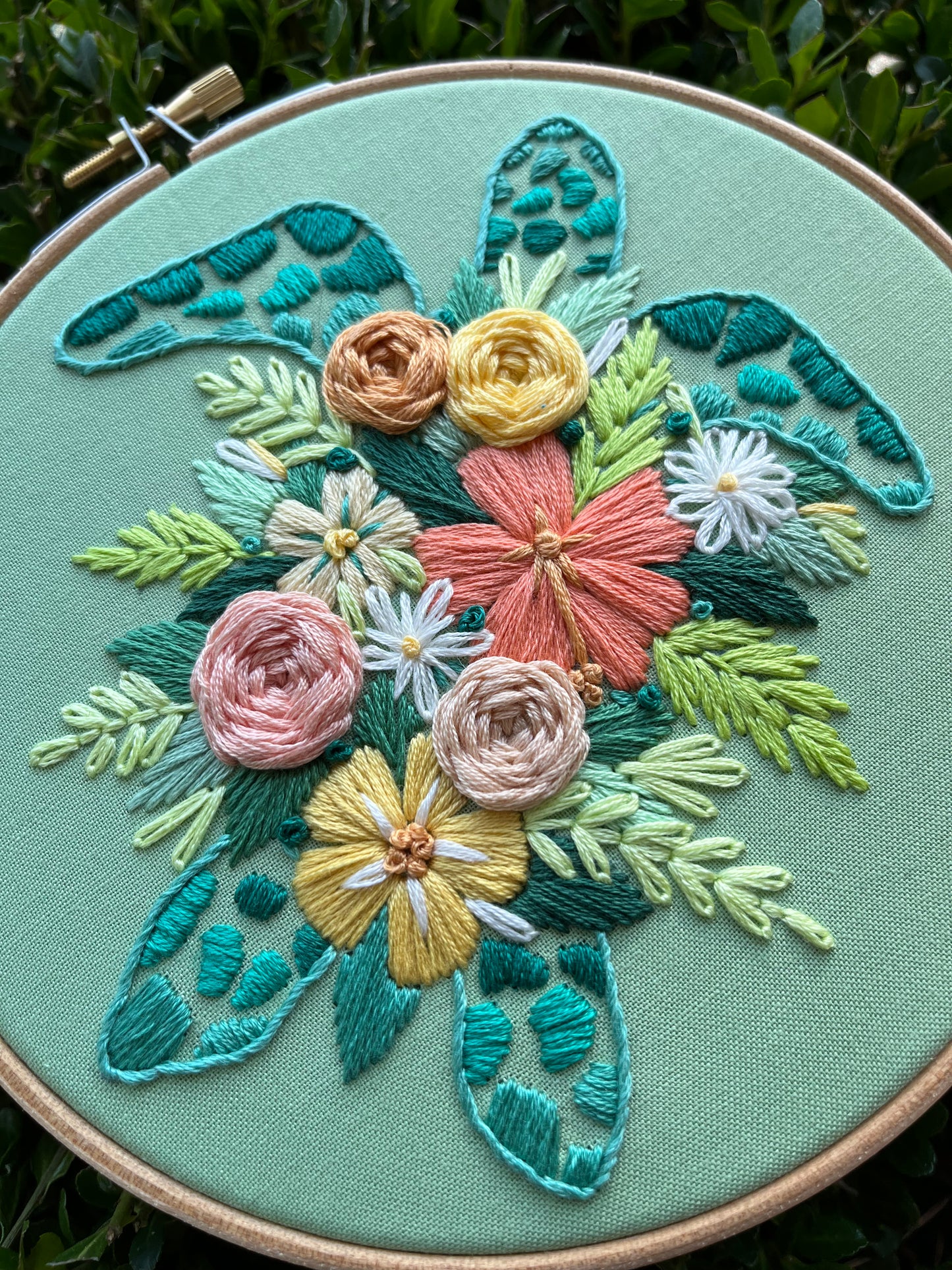 PDF Pattern - Tropical Turtle, Intermediate Floral Sea Turtle Hand Embroidery Pattern