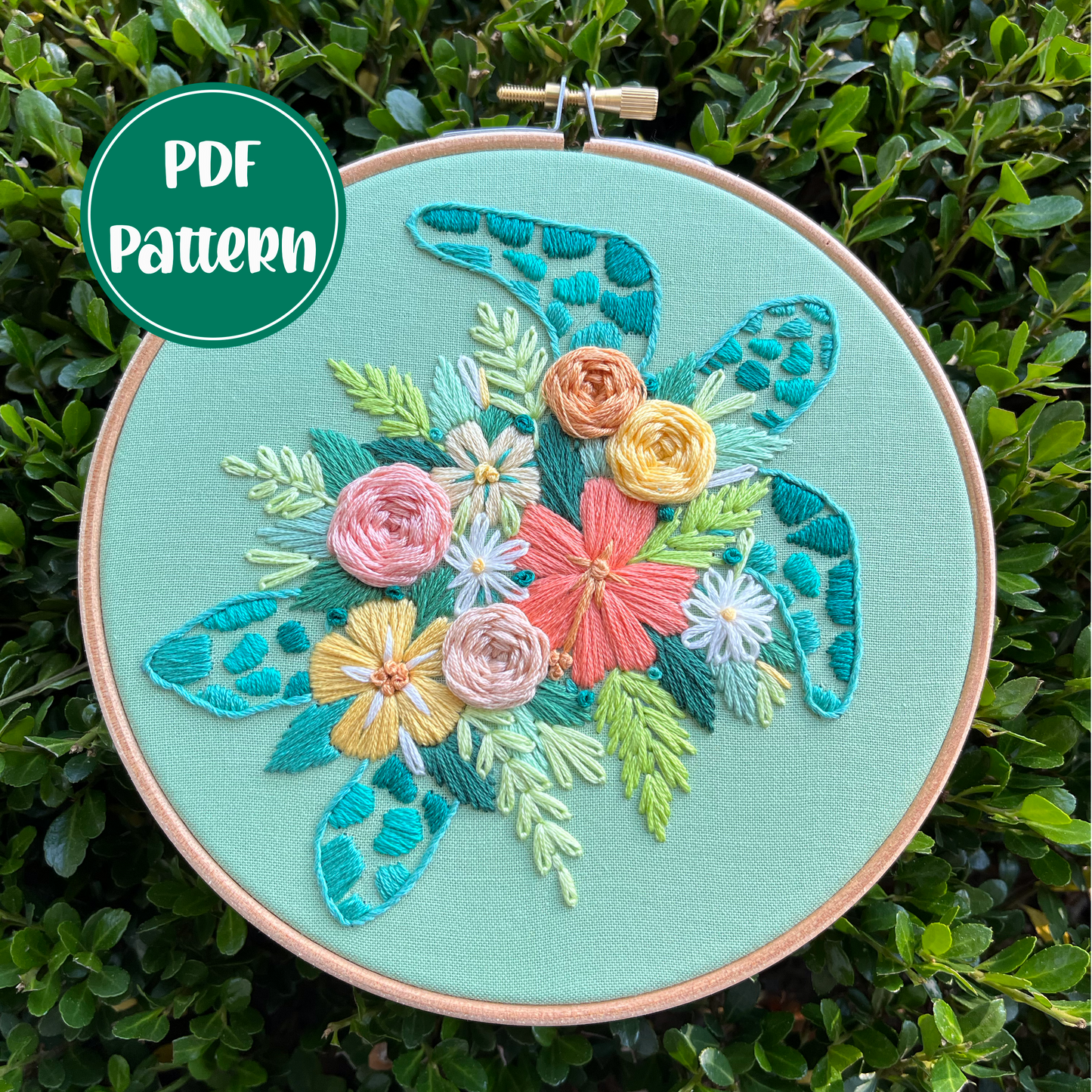 PDF Pattern - Tropical Turtle, Intermediate Floral Sea Turtle Hand Embroidery Pattern