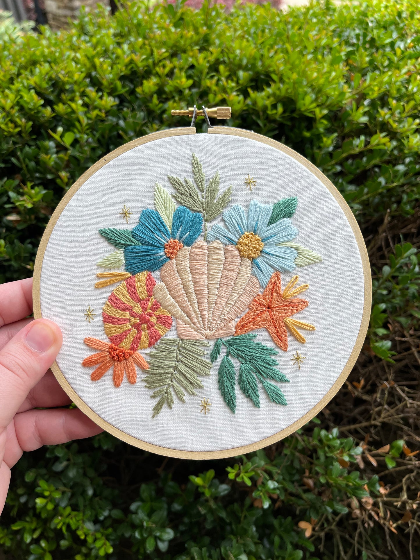 PDF Pattern - Beachy Blooms, Intermediate Beach Floral Seashell Hand Embroidery Pattern