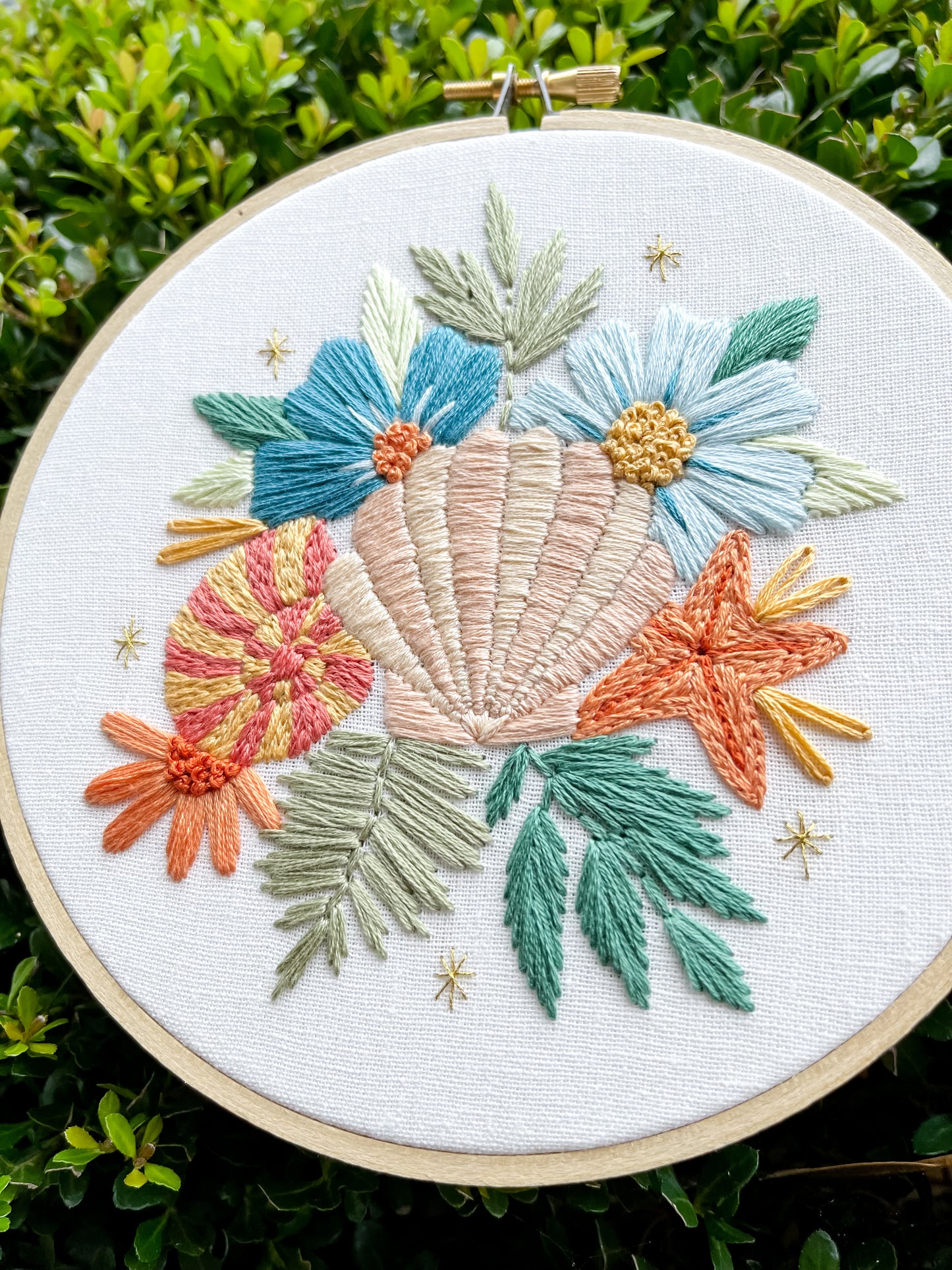 PDF Pattern - Beachy Blooms, Intermediate Beach Floral Seashell Hand Embroidery Pattern