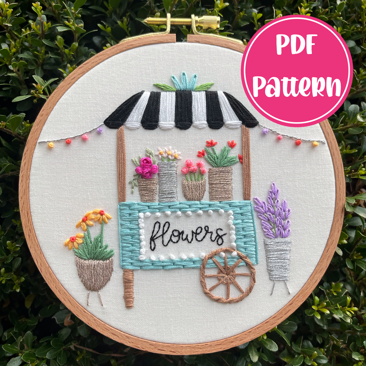PDF Pattern - Fresh Flowers, Intermediate Flower Stand, Floral Cart Embroidery Pattern