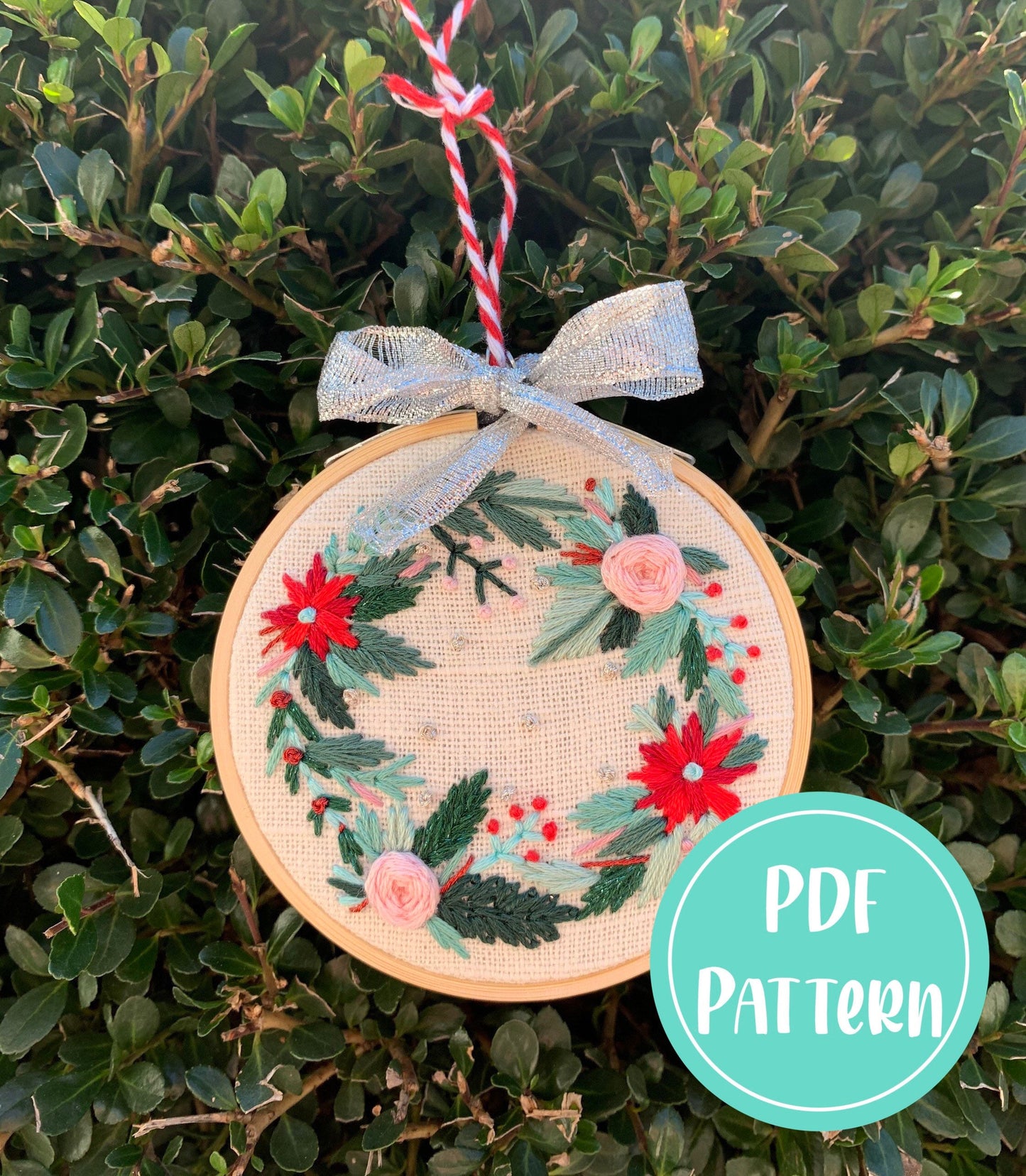 PDF Pattern - Floral Christmas Wreath, Intermediate Embroidery Pattern