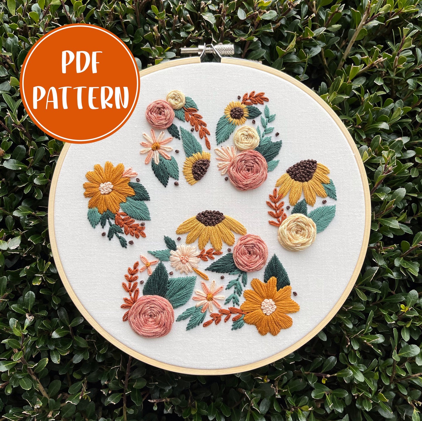PDF Pattern - Furry Friend Florals, Intermediate Embroidery Pattern
