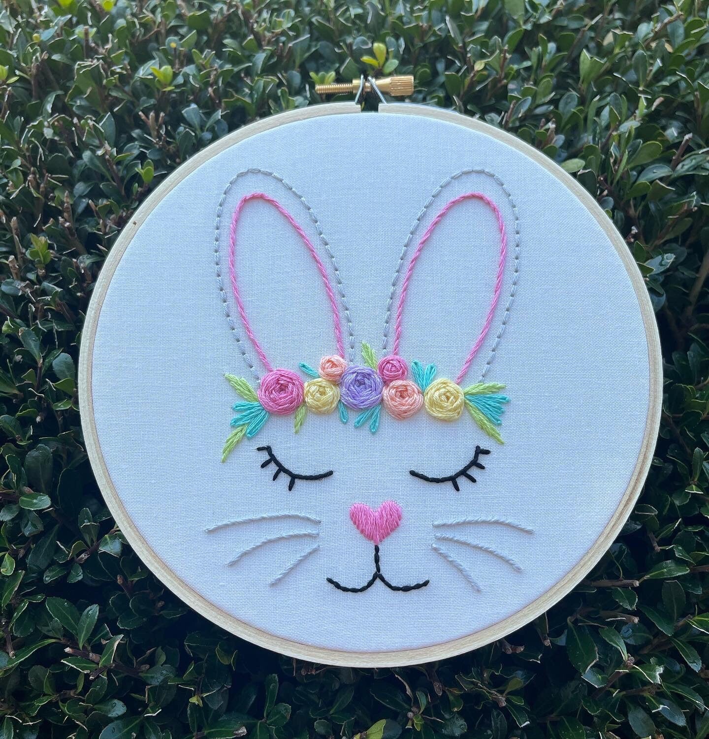 6” Flower Crown Bunny - Handmade Embroidery Hoop