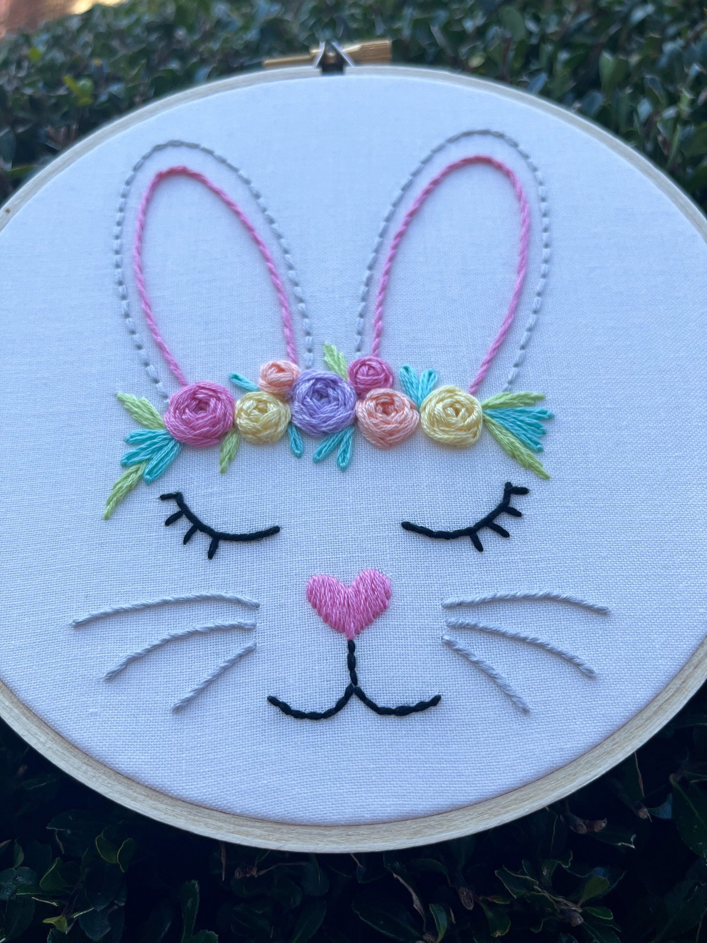 6” Flower Crown Bunny - Handmade Embroidery Hoop