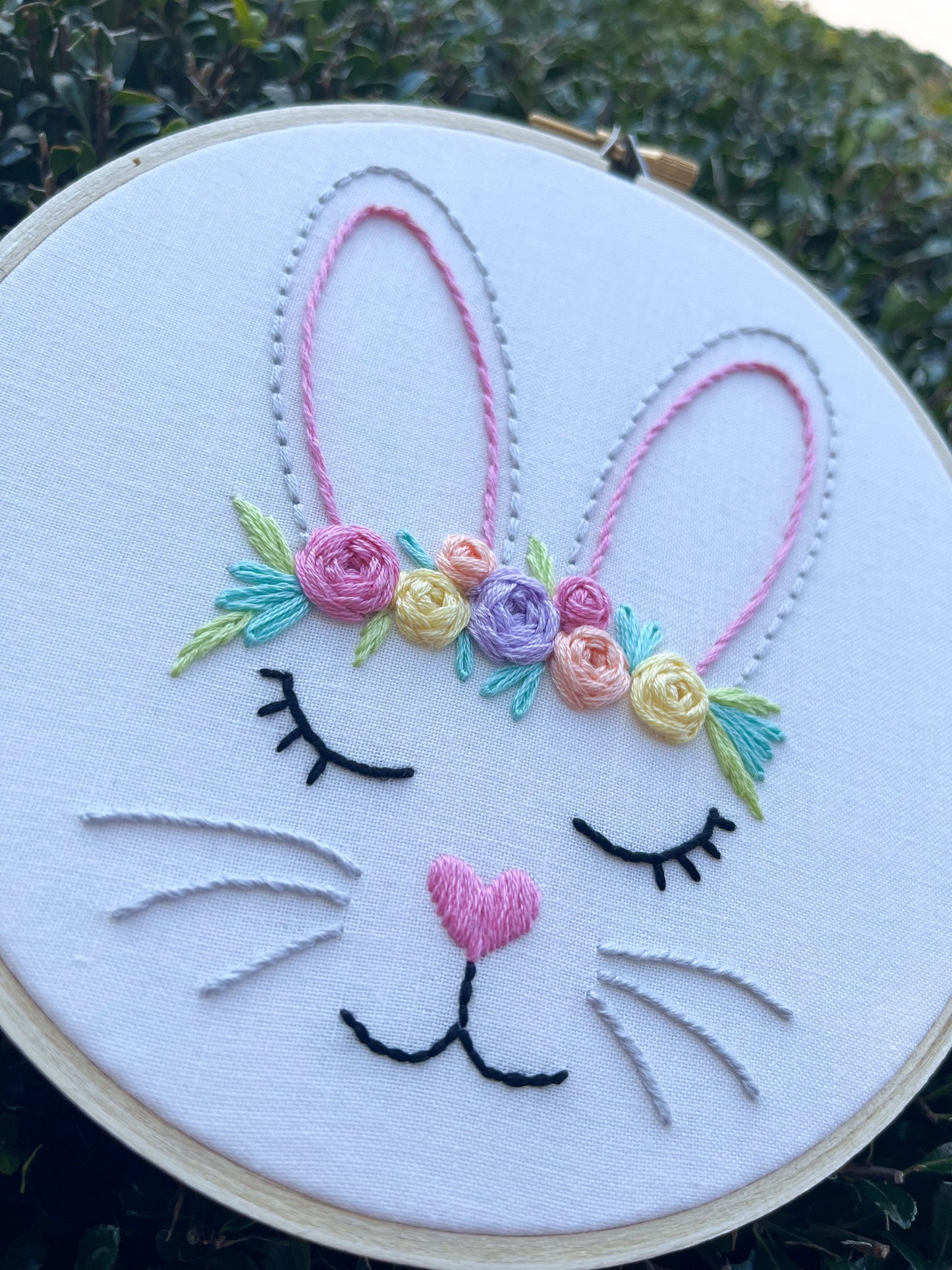 6” Flower Crown Bunny - Handmade Embroidery Hoop