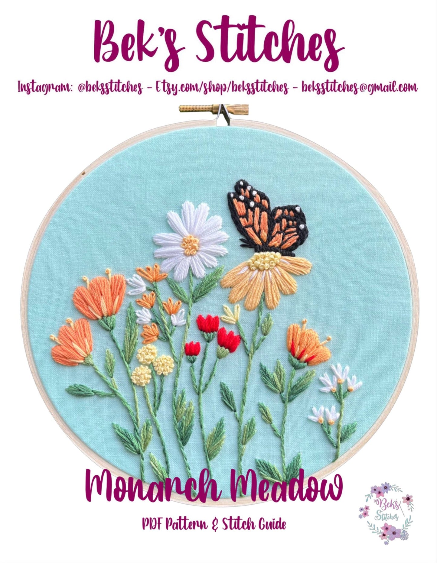PDF Pattern - Monarch Meadow, Beginner/Intermediate Embroidery Pattern