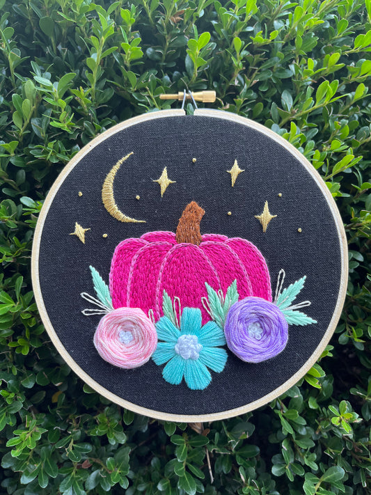 6” Pink Pumpkin - Handmade Embroidery Hoop