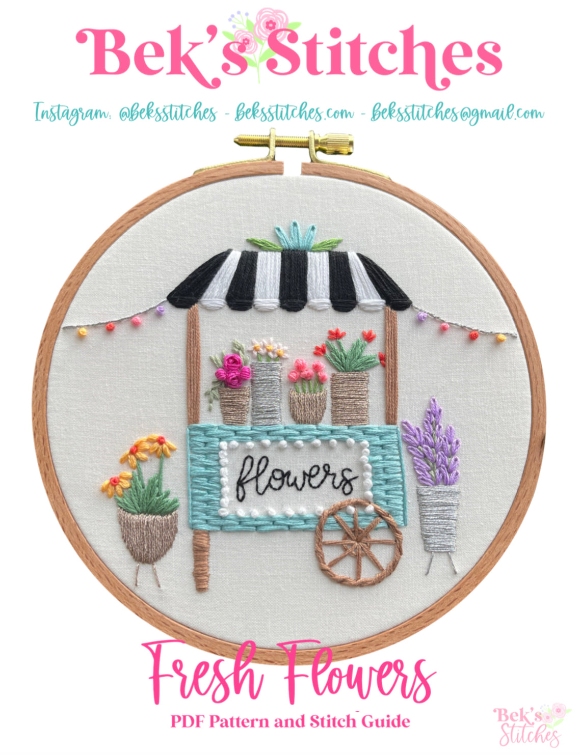 PDF Pattern - Fresh Flowers, Intermediate Flower Stand, Floral Cart Embroidery Pattern