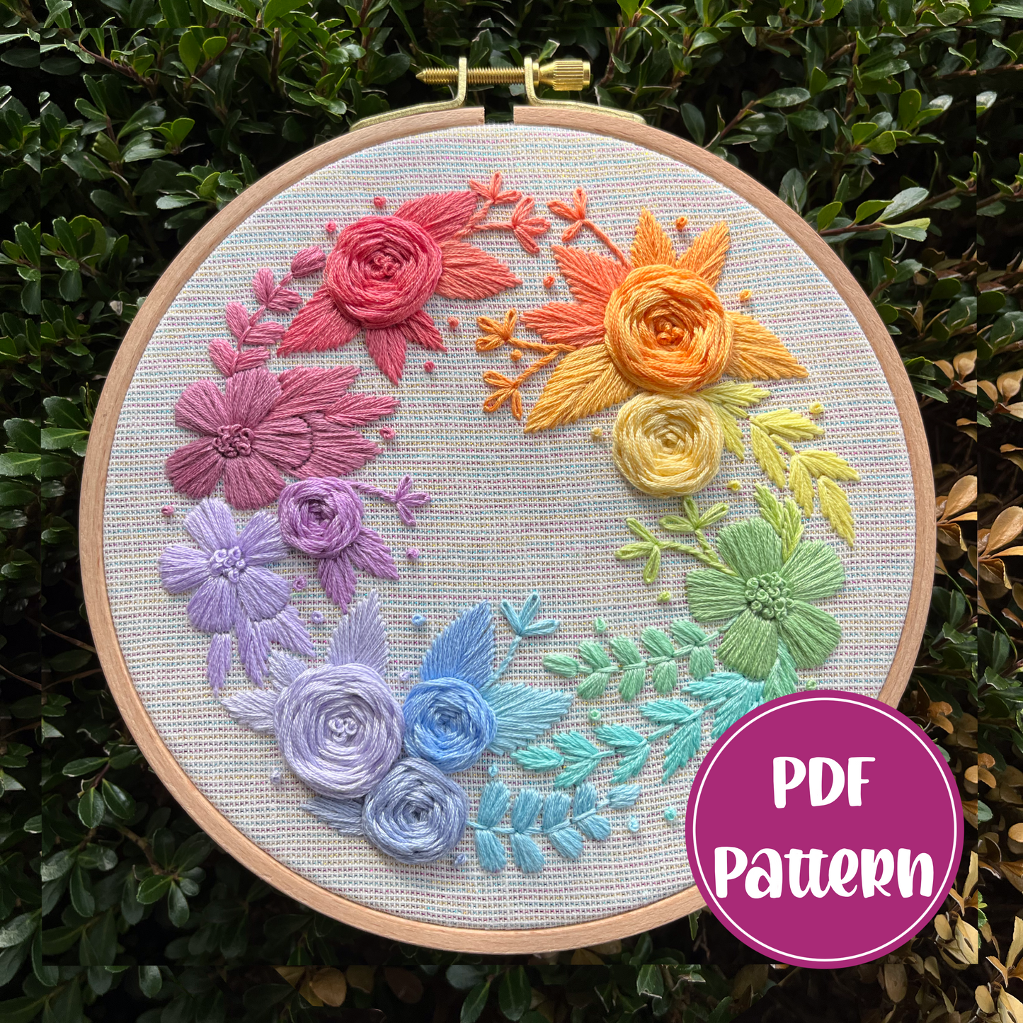 PDF Pattern - Rainbow Wreath, Intermediate Pastel Floral Wreath Embroidery Pattern