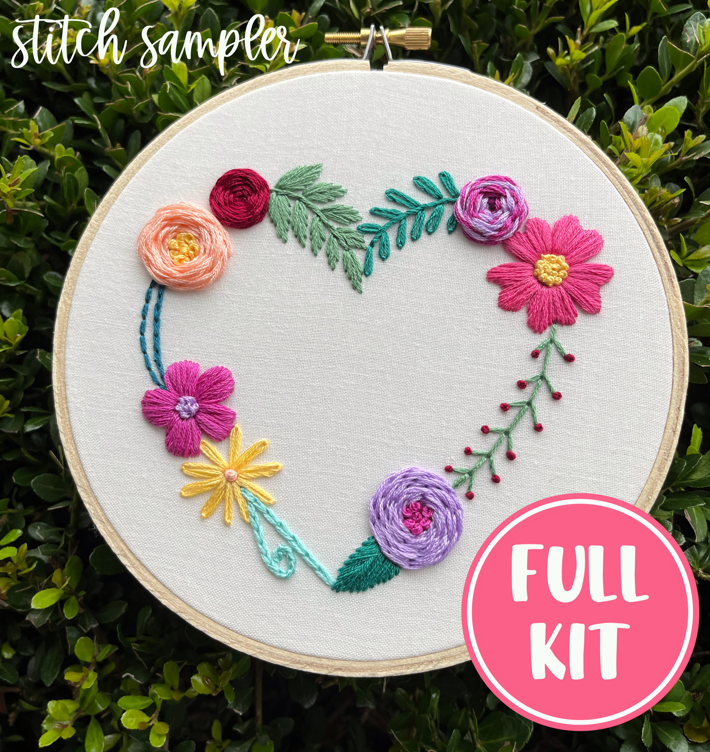 FULL KIT - Beginner's Heart Stitch Sampler/Stitch Along - DIY Embroidery Kit, Floral Embroidery, Embroidery Pattern
