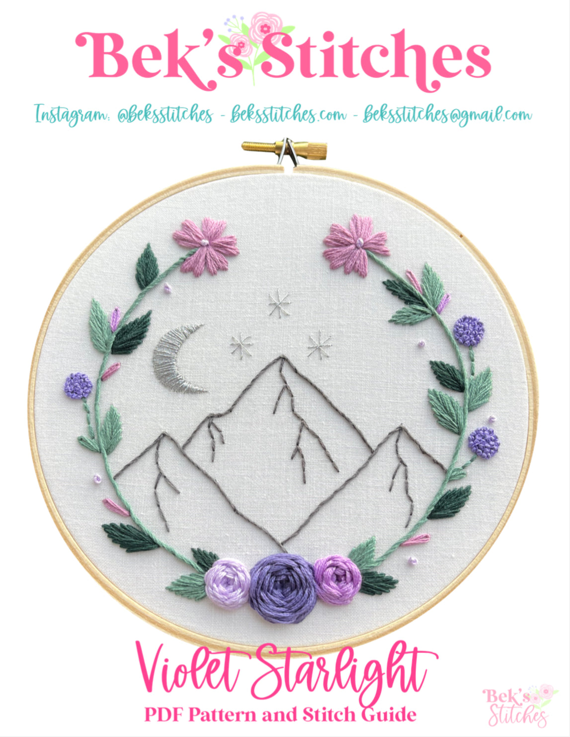 PDF Pattern - Violet Starlight, Beginner/Intermediate Floral Mountain ACOTAR Inspired Hand Embroidery Pattern