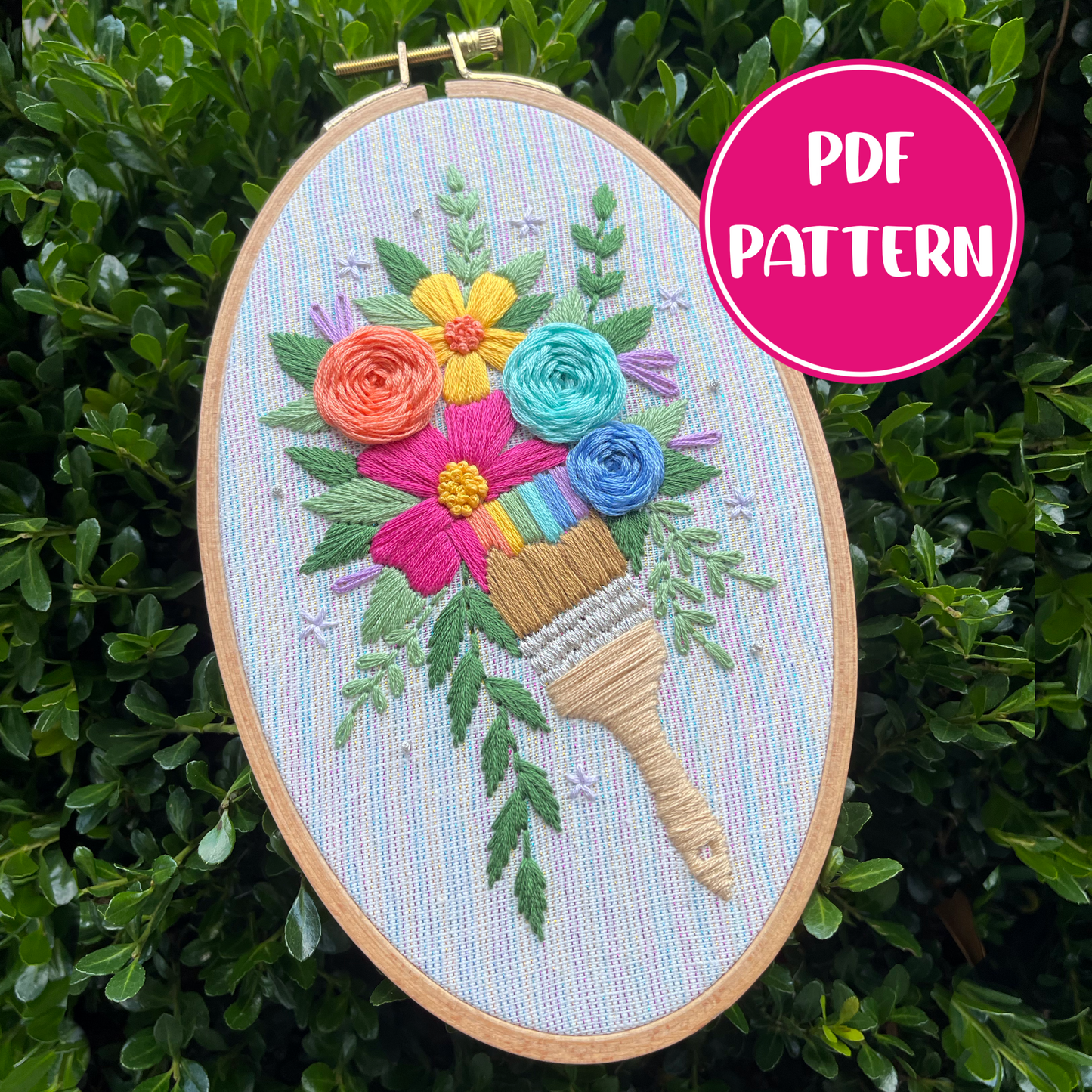 PDF Pattern - Painted Petals, Intermediate Rainbow Paintbrush Floral Hand Embroidery Pattern