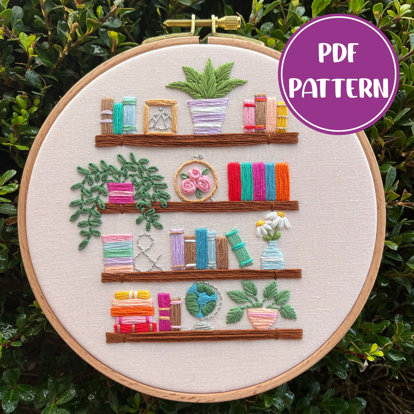 PDF Pattern - Botanical Bookshelves, Book and Plant Shelf Hand Embroidery Pattern