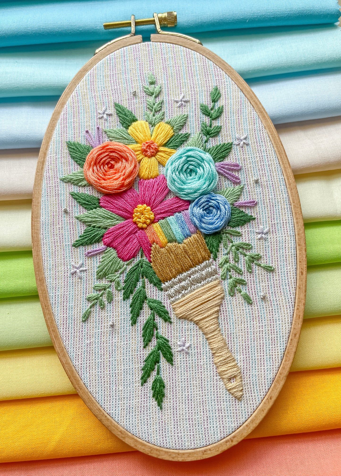 PDF Pattern - Painted Petals, Intermediate Rainbow Paintbrush Floral Hand Embroidery Pattern