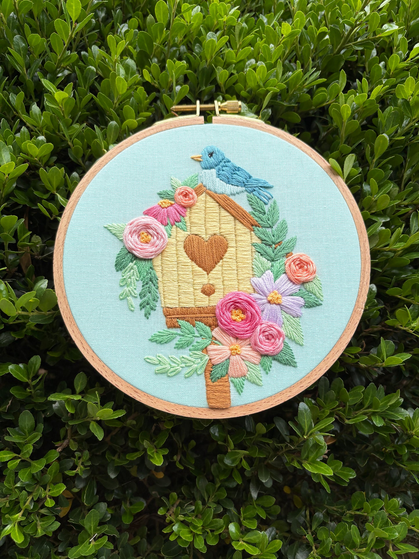 6” Blooming Birdhouse Embroidery Hoop Art