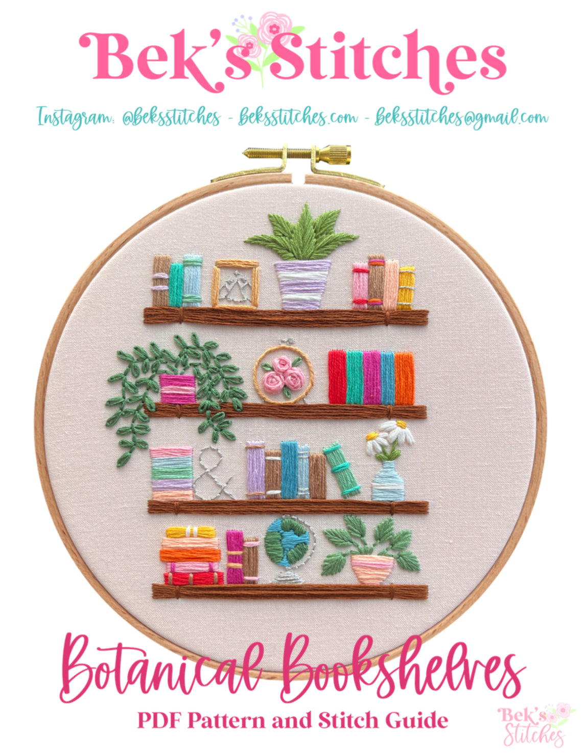 PDF Pattern - Botanical Bookshelves, Book and Plant Shelf Hand Embroidery Pattern