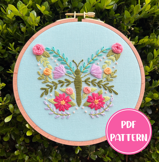 PDF Pattern - Botanical Butterfly, Intermediate Floral Butterfly Hand Embroidery Pattern
