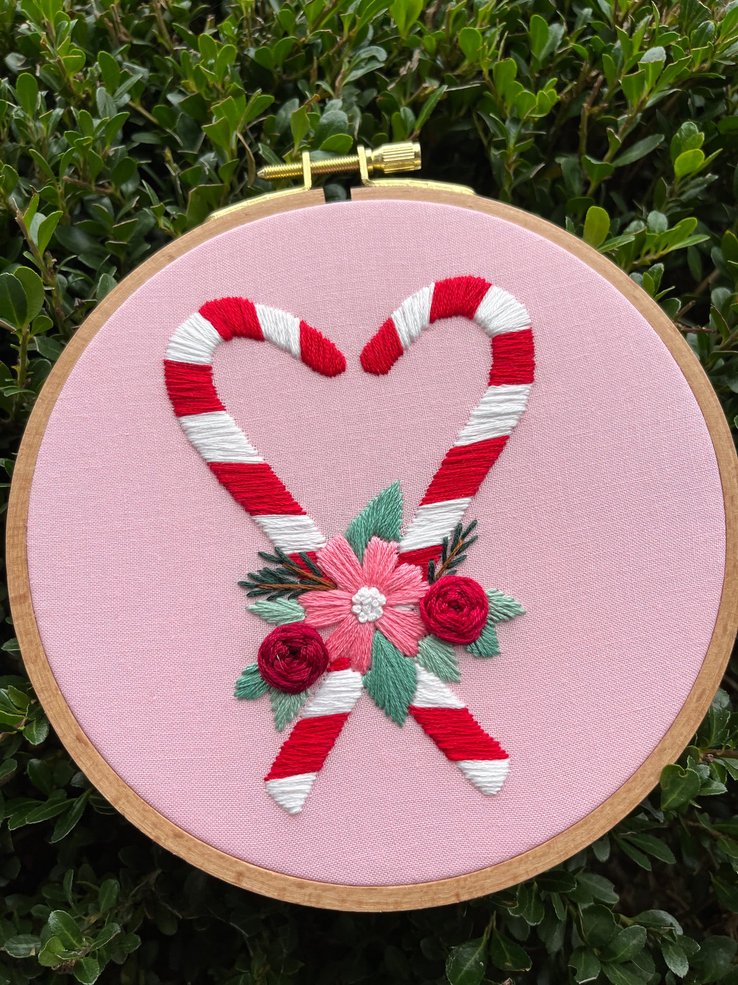 PDF Pattern - Peppermint Petals, Beginner/Intermediate Floral Christmas Candy Cane Hand Embroidery Pattern