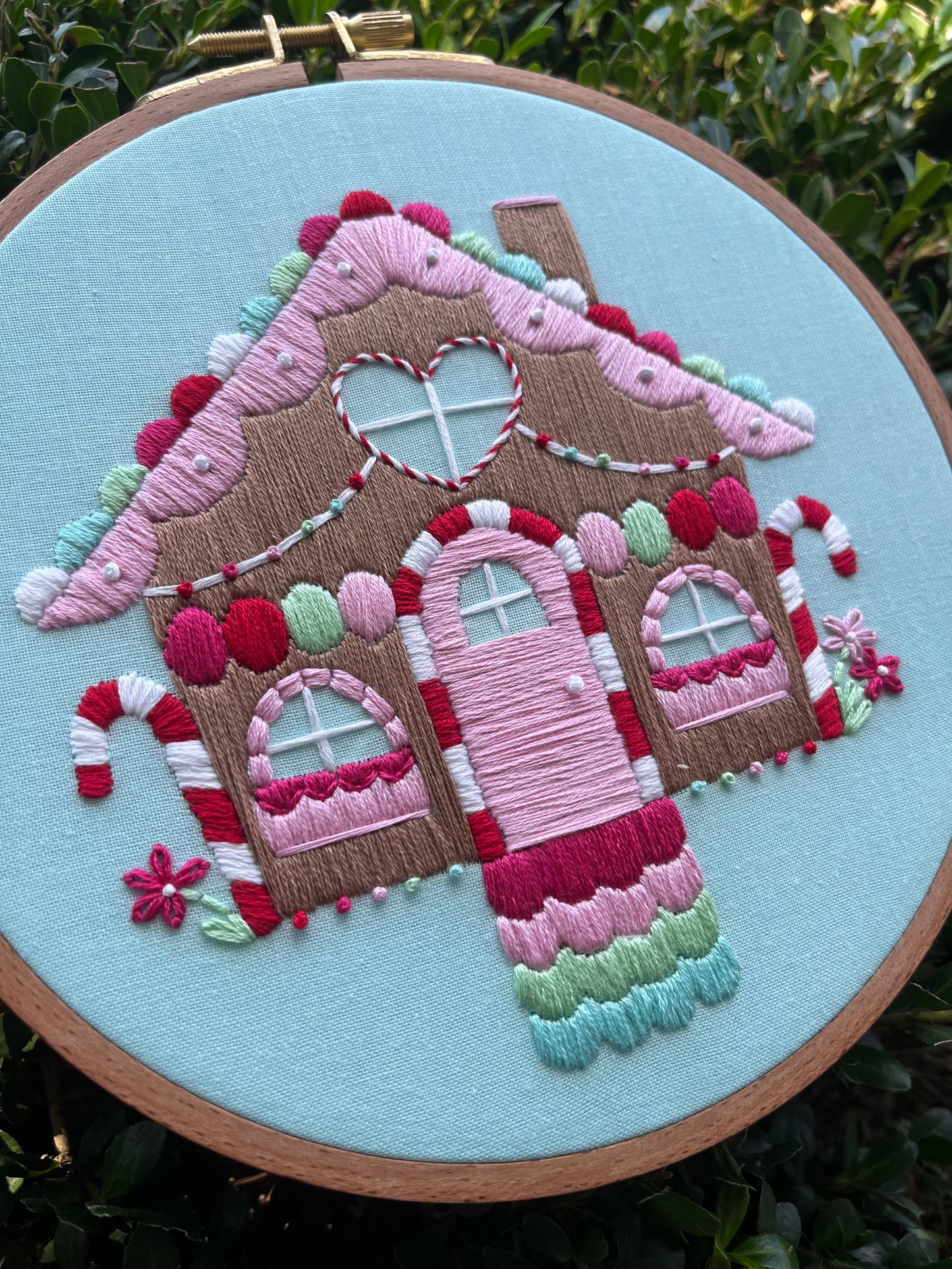 7” Pastel Gingerbread House Embroidery Hoop Art