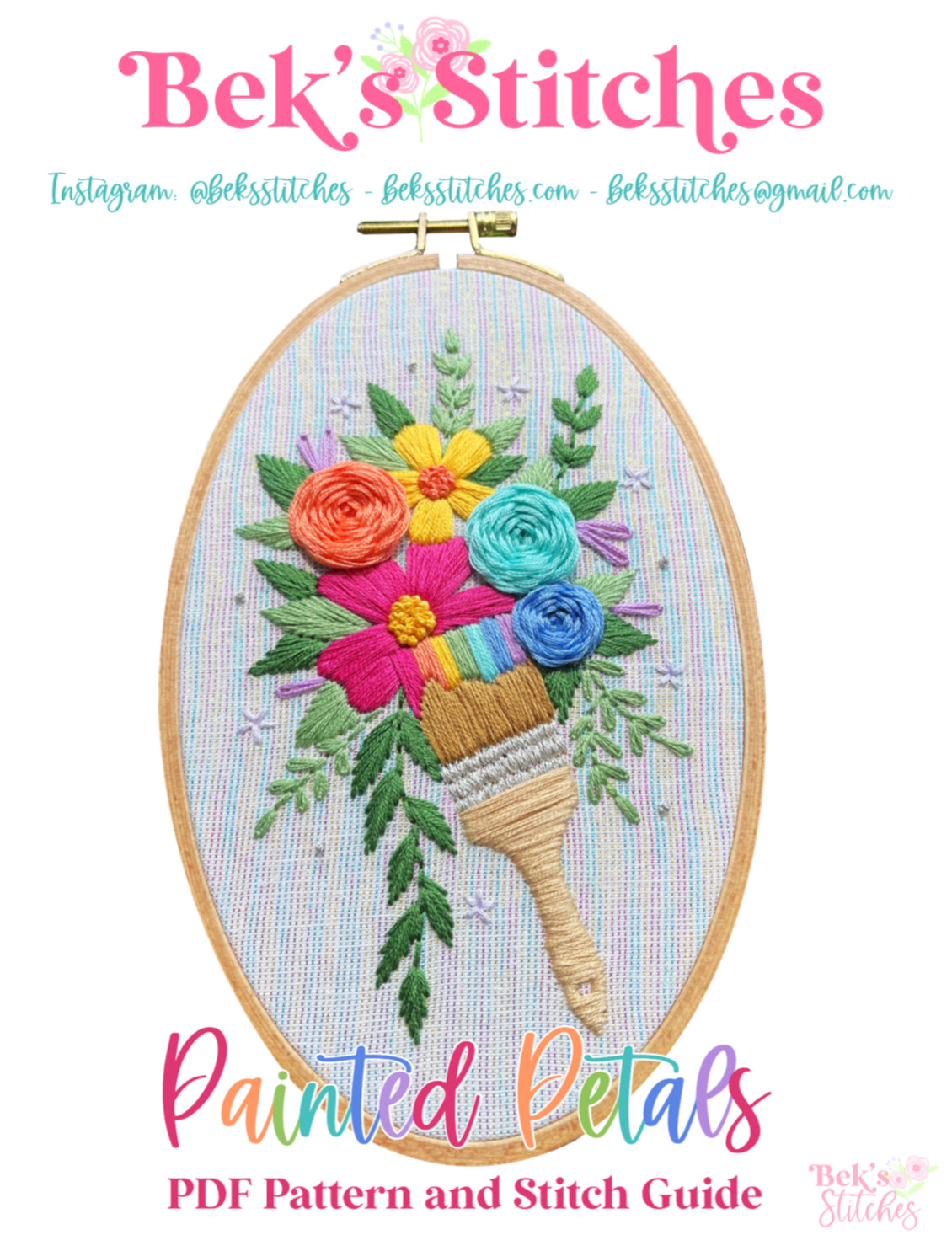 PDF Pattern - Painted Petals, Intermediate Rainbow Paintbrush Floral Hand Embroidery Pattern