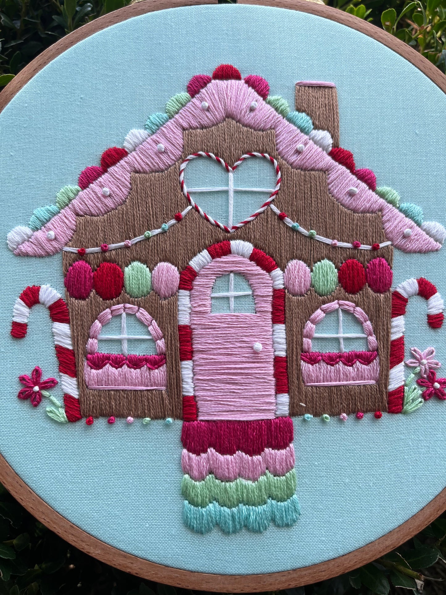 7” Pastel Gingerbread House Embroidery Hoop Art