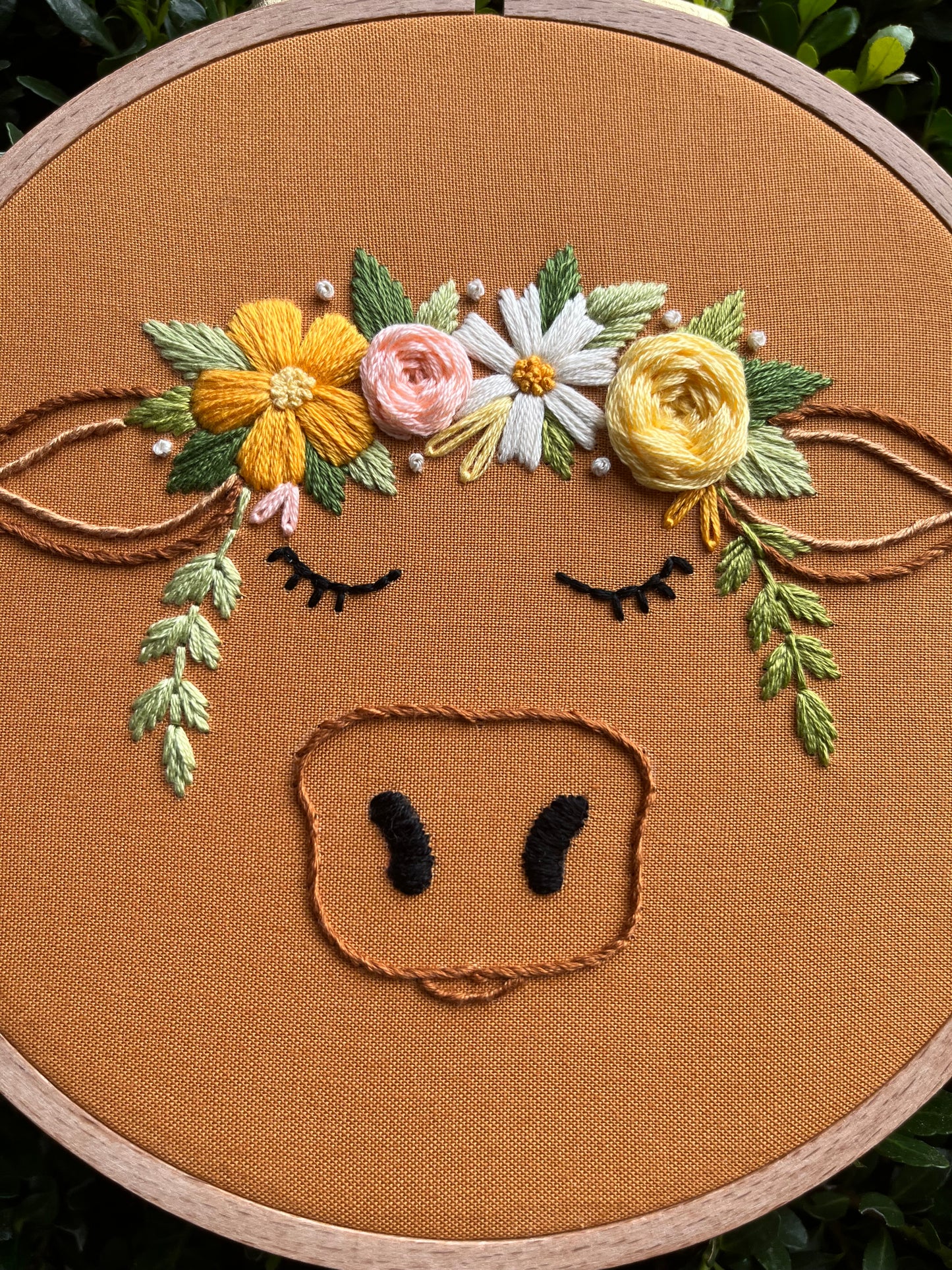 PDF Pattern - Blooming Bovine, Flower Crown Cow, Beginner/Intermediate Floral Hand Embroidery Pattern