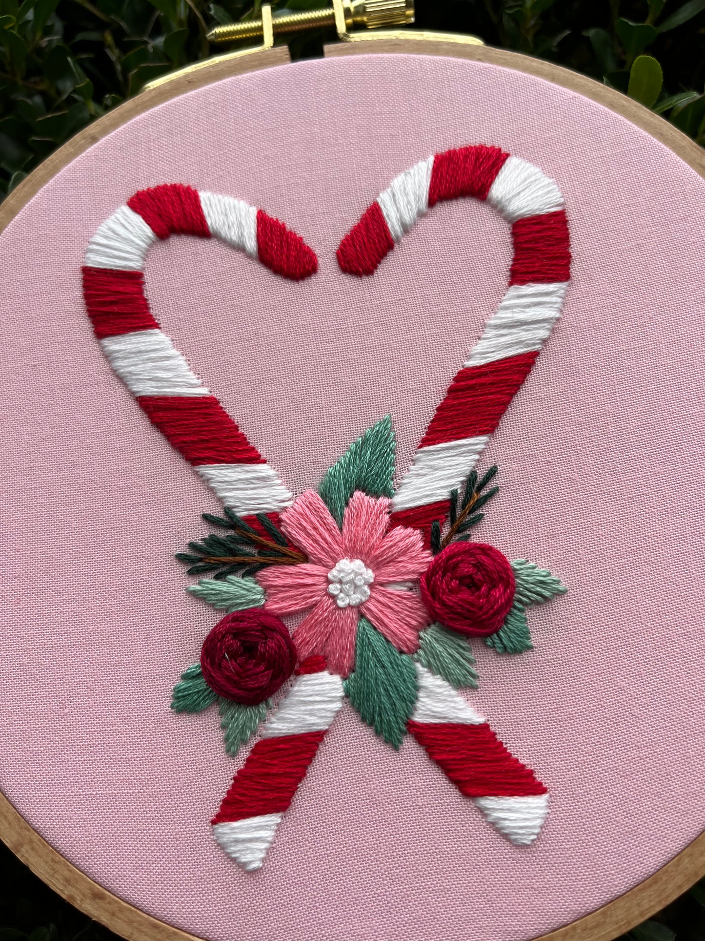 PDF Pattern - Peppermint Petals, Beginner/Intermediate Floral Christmas Candy Cane Hand Embroidery Pattern